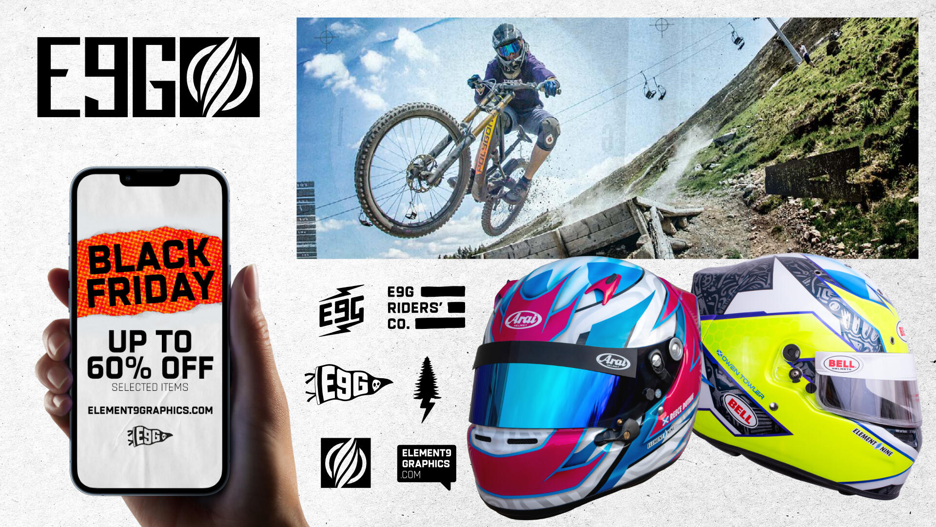 E9G brand assets, painted helmets, logos and icons, and a MTBer shredding at Glencoe