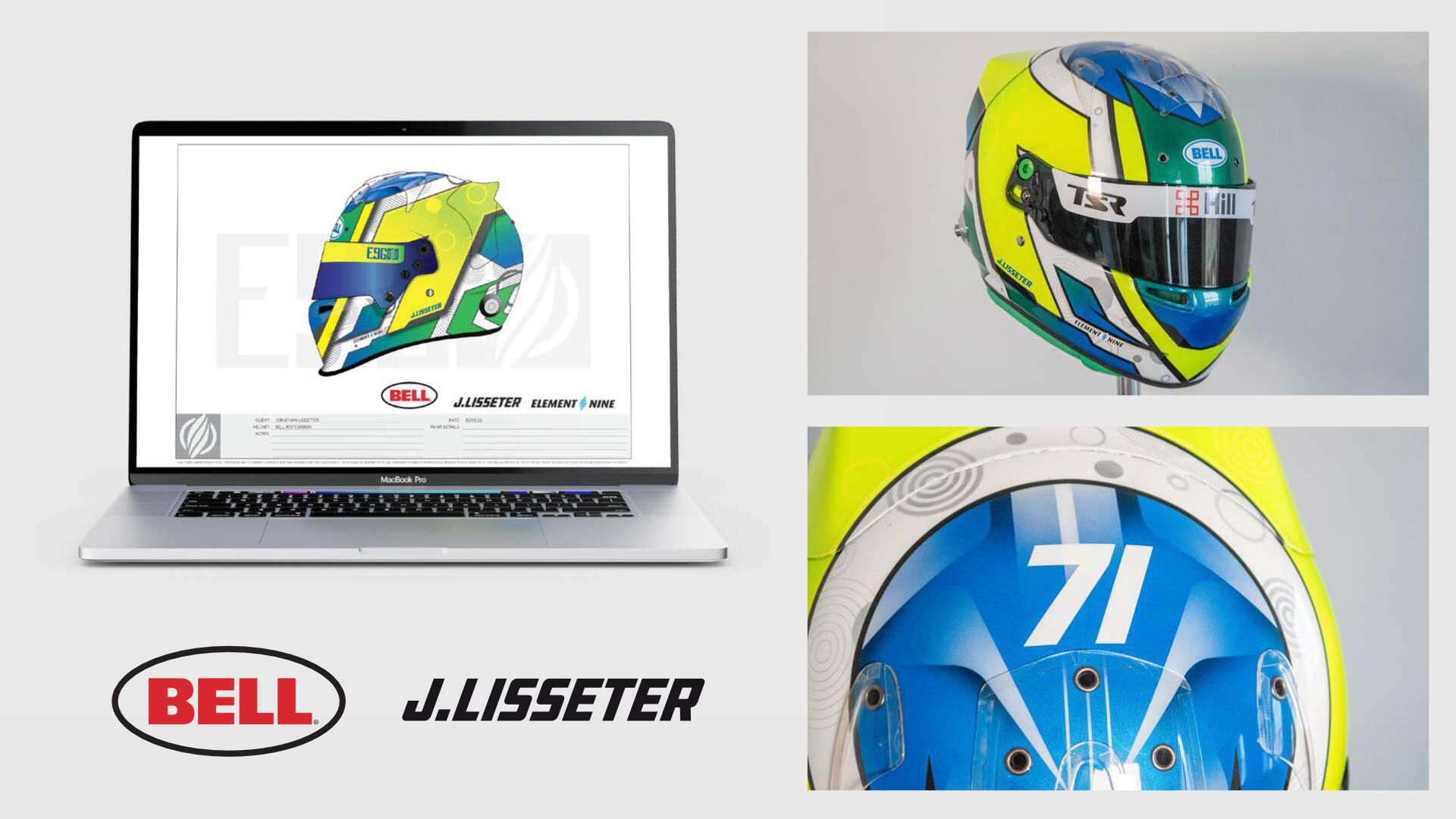 Helmet design showing vector mockup and photos of the finished painted helmet