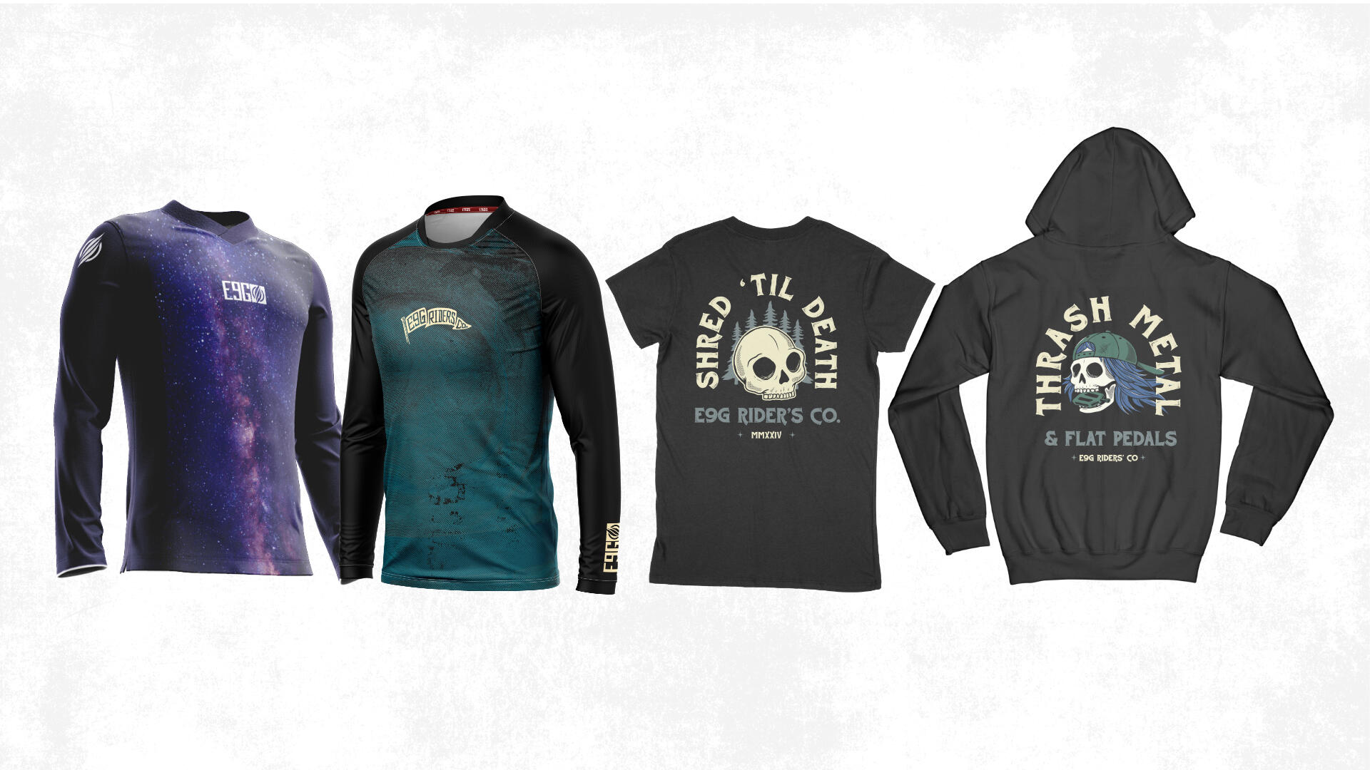 E9G riding kit, t-shirts, and hoodies