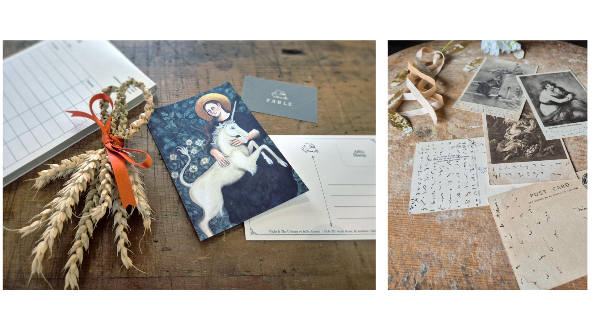 Fable postcards and business cards with wheat decoration on antique table top